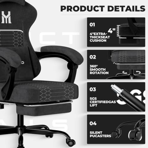 Gaming Chair with Footrest, Ergonomic Computer Chair with Lumbar & Headrest Support for Adults, High Back Office Desk Chair with 360°Swivel Wheels for Game and Work, Breathable Fabric，Black