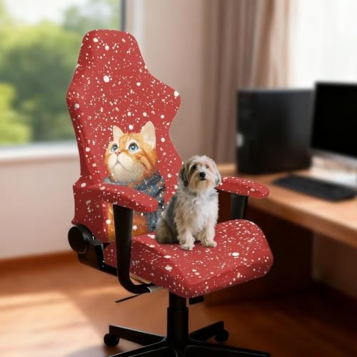 Christmas Cat Gaming Chair Seat Cover Holdiay Game Chair Slipcovers with 2 Armrest Covers, Scratch-Proof 4 PCS Gamer Desk Chair Covers Xmas Decor
