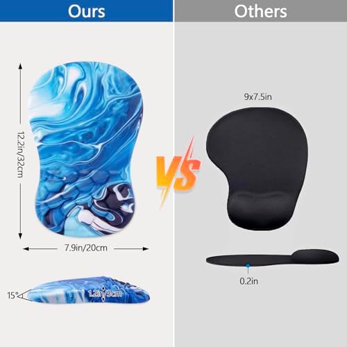 Mouse Pad Wrist Support, Ergonomic Mouse Pad with Wrist Rest, Comfortable Computer Mouse Pad for Laptop, Pain Relief Mousepad with Non-Slip PU Base Ocean Blue