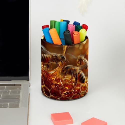 Leather Pen Holder for Desk, Bee Hive Pencil Cup Pen Organizer Makeup Brush Holder for Office Home Kids Countertop Desk Accessory Storage