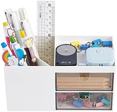 LETURE Office Desk Organizer with drawer, Office Supplies and Desk Accessories, Business Card/Pen/Pencil/Mobile Phone/Stationery Holder Storage Box (White)