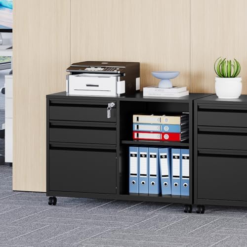MIIIKO 3 Drawer File Cabinet with Lock, Metal Lateral Rolling Printer Stand Office Storage Filing Cabinets for Home Office,A4, Letter,File Folders(Black)