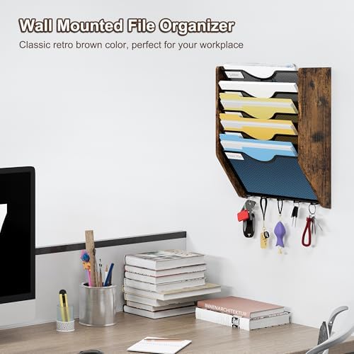 Wall File Organizer With Hooks, 5 Tier Mesh Mail Organizer Wall Mounted,Hanging File Organizer,Magazine Holder for Documents,Magazine,Literature,File,Mails,Envelopes
