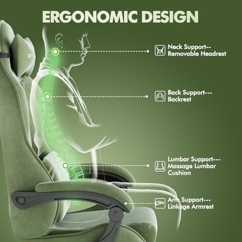 Huracan Velvet Ergonomic Office Gaming Chair for Home Use, High‑Back Reclining Computer Chair with Footrest Massage Lumbar Support, Adjustable Racing Desk Chairs for Streaming Work, Green