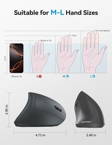 TECKNET Ergonomic Mouse, Rechargeable 2.4G+Bluetooth Vertical Mice 6 DPI Adjustable, Wireless Optical Carpal Tunnel Mouse Right Hand, Multi Device for Laptop, PC, Computer, MacBook, iPad - Grey