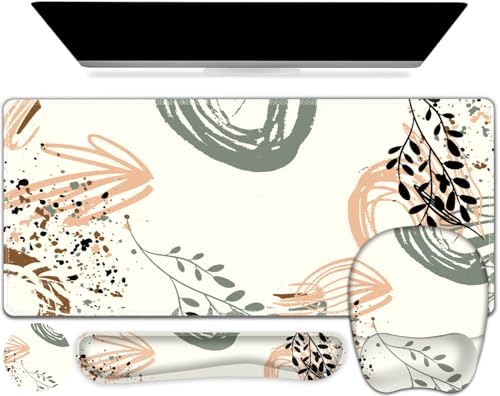 Large Mouse Pad with Wrist Support 4 in1 Set, XXL Big Game Mousepad + Keyboard Wrist Rest+Mouse Wrist Rest+Coaster Ergonomic Gaming Mat for Home Office Table Computer I Modern Boho Leaves