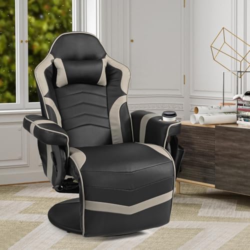 GYMAX Gaming Chair with Footrest, Massage Video Game Chairs for Adults with Remote, Adjustable Backrest, Headrest, Cup Holder & Side Pocket, Ergonomic High Back Office Computer Chair (Grey)