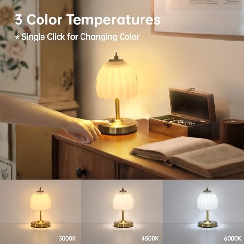 Shenmoyl Set of 2 Tulip Table Lamp with 5200mAh Battery & Touch Control, Cordless Small Table Lamp with 3 Colors, Rechargeable Battery Operated Table Lamps for Nightstand, Bedroom (White Tulip)
