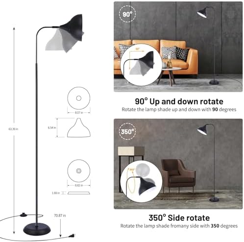 Industrial LED Floor Lamp,Black Metal Adjustable Standing Lamp for Living Room, Bedroom, Office,Rotating Head Tall Reading Lamp for Sofa or Desk, Modern Home Decor (Industrial, Metal)