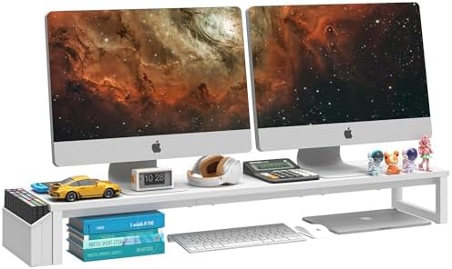 LAND·VOI Dual Monitor Stand Riser,41.5'' Long Monitor Stand for 2 Monitors, Wood and Steel Computer Monitor Stand, Desktop Oraganizer with Pen Holder, Monitor Riser for Desk Computer,Laptop,TV, White