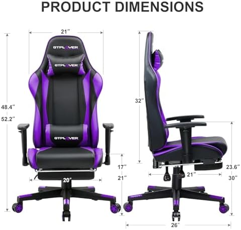 GTPLAYER Gaming Chair with Footrest, Ergonomic Computer Game Desk Chair, Reclining Gamer Chair Seat Height Adjustment, Swivel Rocker with Headrest and Lumbar, Purple