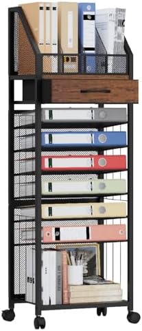 SWTYMIKI 9-Tier Rolling File Cart - Paper Organizer with Drawer and Trays, Wood Desk Office Organizer, Office Organization and Binder Storage for Workspace, Home, School, Espresso