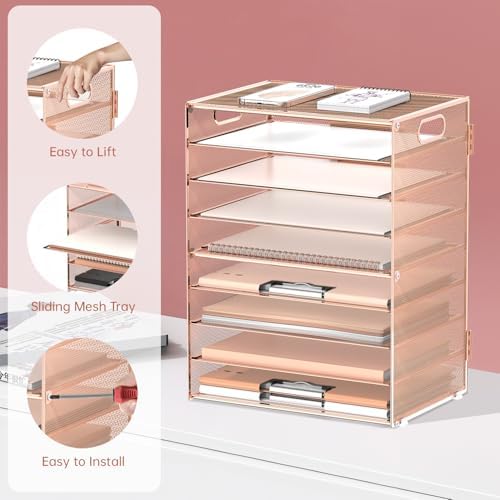 9-Tier Paper Organizer for Desk, Metal Letter Tray with Handles, Gold Rose
