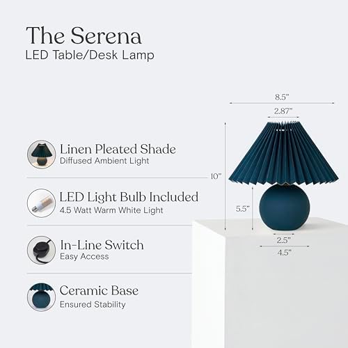 Brightech Serena LED Table Lamp - Small 10" Modern Ceramic Lamp with Pleated Shade for Bedside, Nightstand, Desk - Mini Night Light with Cozy Soft White Light for Living Room, Bedroom - Teal