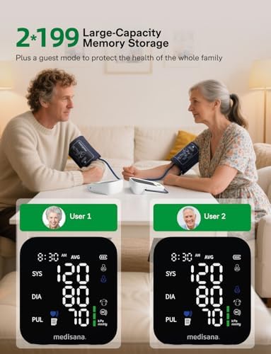 Blood Pressure Monitor with 2x199 Sets Memory, Medisana Automatic Upper Arm Blood Pressure Monitor for Home Use, 4.5" Color LED Backlit Display, Adjustable Large Cuff, Home Hypertension Detector