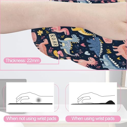 Cute Dinosaur Mouse Pad with Wrist Rest Set, 3-in-1 Wrist Support Mousepad Set, Gaming Mat Pad with Anti-Skid Base,Ergonomic Memory Foam Mouse Pad Set for Women, Office, Typing, Gaming
