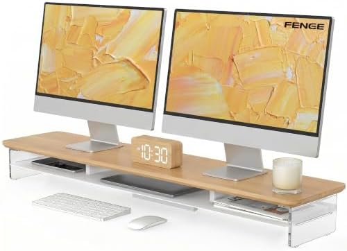 Fenge 42.5" Dual Monitor Stand with Clear Acrylic Legs, Dark Oak