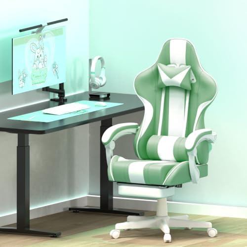 Ferghana Gaming Chairs, Ergonomic Racing Style PC Game Computer Chair with Headrest Lumbar Support Adjustable Recliner PU Leather Video Computer Chair(Light Green)