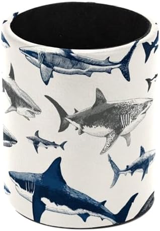 Leather Pen Holder for Desk, Sharks Pencil Cup Pen Organizer Makeup Brush Holder for Office Home Kids Countertop Desk Accessory Storage
