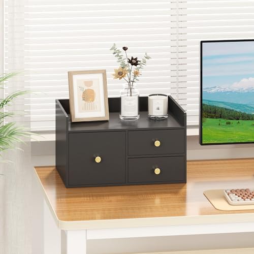 Bamboo Desk Organizer with Drawers,Wooden Desktop Storage (Black,3 Drawers)