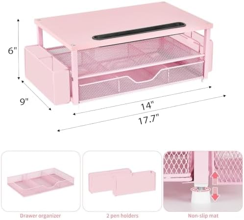 AUPSEN Pink Desk Organizers and Accessories, 2-Tier Wood Computer Monitor Stand with Drawer, Pen Storage & Phone Holder, Office Desk Accessories, Workspace Desktop Organization for Office Supplies