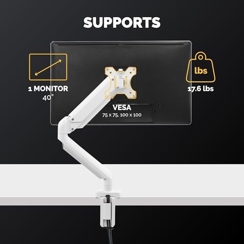 Fellowes Platinum Series Single Monitor Arm for 40-Inch Monitors, Full Motion, 360° Rotation, VESA Mount with Grommet or Clamp, USB Ports, Ergonomic, White, 8056201