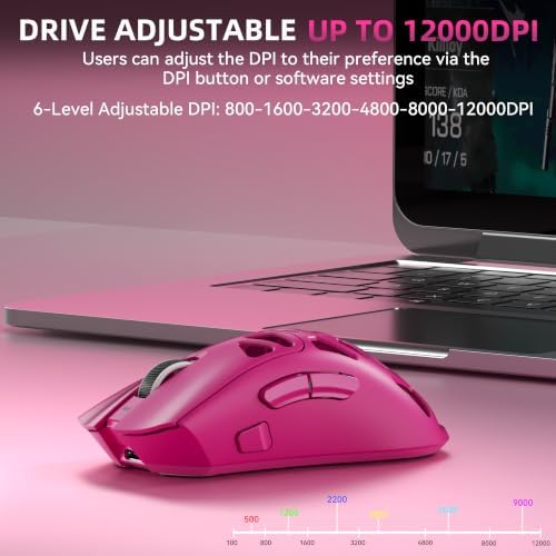 Aula SC620 Wireless Gaming Mouse, Tri-Mode 2.4GHz/USB-C/BT5.3 Computer Mouse with 12000 DPI, Programmable Macro Gamer Mouse with Rapid Fire Key, RGB Light Gaming Mice for PC/Laptop/Mac(Hot Pink)
