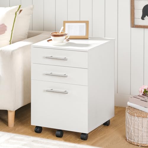 HOOBRO 3-Drawer File Cabinet, Wooden Under Desk Filing Cabinet, fits A4/Letter Size for Home Office, Small Rolling Storage Drawer Chest, Printer Stand with Drawers, White WW02WJ01G1