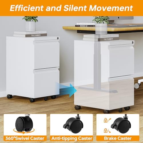 2 Drawer Mobile File Cabinet with Lock Steel Small Rolling File Cabinet Legal/Letter/A4 Size Under Desk Metal Filing Cabinet for Home Office Vertical Filing Cabinet Printer Stand Fully Assembled