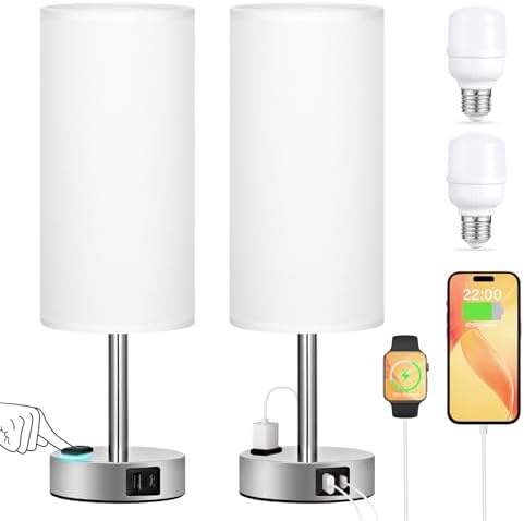Touch Bedside Table Lamps Set of 2 - Bedroom Lamp with USB A+C, AC Outlet