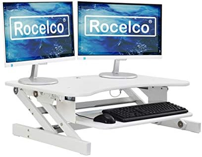 Rocelco 37.5" Deluxe Height Adjustable Standing Desk Converter - Quick Sit Stand Up Dual Monitor Riser - Gas Spring Assist Computer Workstation - Large Retractable Keyboard Tray - White (R DADRW)