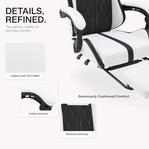 Mid Back Gaming Chair with Footrest, 90°-135° Reclining Computer Chair with Headrest and Lumbar Pillow, Linked Armrests, Height Adjustable 360° Swivel Rolling Office Chair