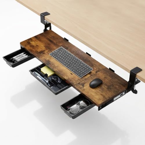 Large Keyboard Tray Under Desk 33.5x11.4“ with 3 Drawer,Mahogany