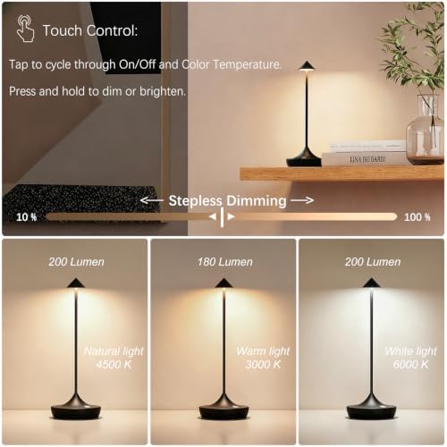 Cordless Rechargeable LED Table Lamp Set of 2, Black