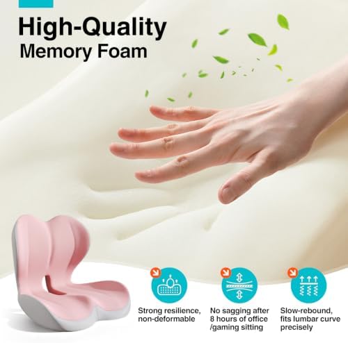 Seat Cushion for Office Chair and Car, L-Shaped Memory Foam Seat Cushions, Ergonomic Sciatica & Tailbone Pain Relief Cushion with Non-Slip Breathable Cover, Back Support for Office Chair-Pink Gray