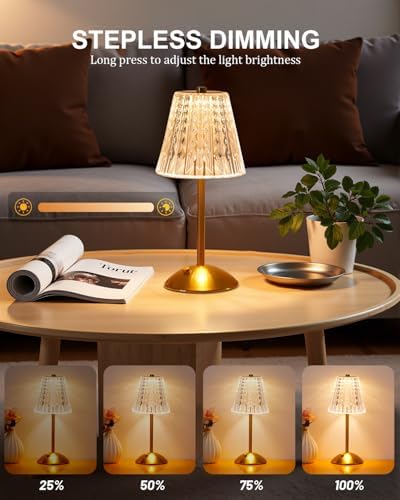 Nusogon 2 Pack Cordless Crystal Table Lamps, Rechargeable Touch Lamp