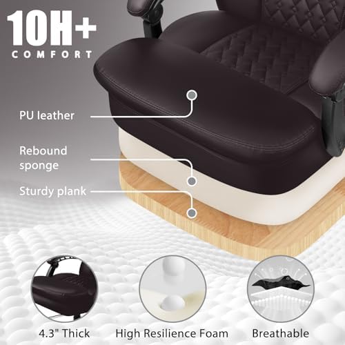 LEMBERI 400lbs Executive Office Chair with Foot Rest, Ergonomic Heavy Duty Big and Tall Desk Chair with Adjustable Headrest, High Back PU Leather Comfy Computer Chairs for Long Hours (Brown)