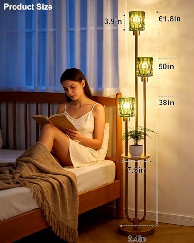 Lightdot Green Glass Floor Lamp with Table Farmhouse Modern Gold Floor Lamp