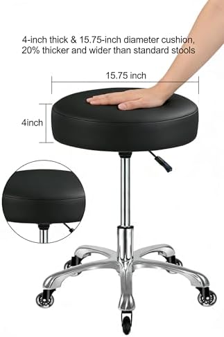 Rolling Stool with Rollerblade Wheels Super Thick Cushion Adjustable Height, Aluminum Base,Roller Stool Chair for Massage Medical Tattoo Spa Desk Black