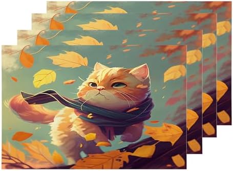 Shrahala Autumn Maple Leaves Set of 4 12 X 18 Inch Linen Placemats, Kittens Scarves Fallen Leaves Autumn Wind Burlap Table Mat Washable Double Layered Heat Insulation for Indoor/Outdoor