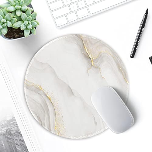 ITNRSIIET Round Mouse Pad with Stitched Edge Premium-Textured Waterproof Non-Slip Rubber Base Desktop Protection Mat Diameter 8.7 inches, White marbling