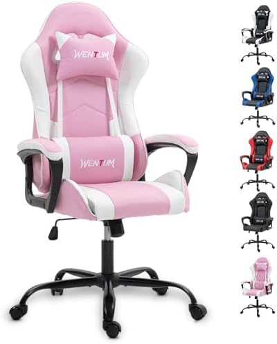 Massage Gaming Chair, Ergonomic PC Desk Chair with Headrest and Massage Lumbar Support, Video Game Chair w/Height Adjustable High Back for Home Office, Pink