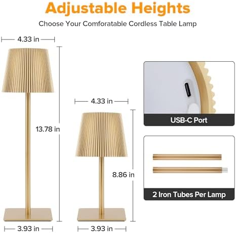 LUTEC 4 Pack Cordless Table Lamp,6000mAh Rechargeable Battery Operated Desk Lamp,Two Adjustable Heights,Waterproof, Touch Control & 3 Color Stepless Dimming for Restaurant/Bedroom/Bars/Outdoor (Gold)