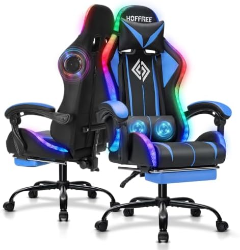 RGB Gaming Chair with Bluetooth Speakers and LED Lights Computer Chair-Blue