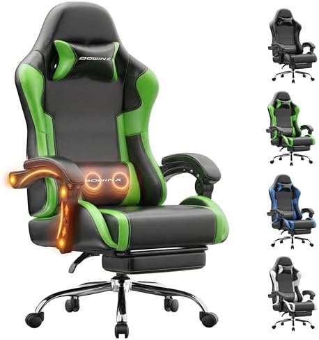 Dowinx Gaming Chair Ergonomic, Massage Lumbar Support, Footrest, Adjustable Height & Headrest Pillow, Heavy Duty 330lbs Office Chair, Comfortable for Back Pain Relief Long Gaming Streaming Deep Green
