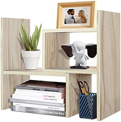 TY ARTS & CULTURE - Expandable Wood Desktop Storage Organizer Multipurpose Desk Bookshelf Display Shelf Rack Counter Top Bookcase for Office Home | Natural Beige