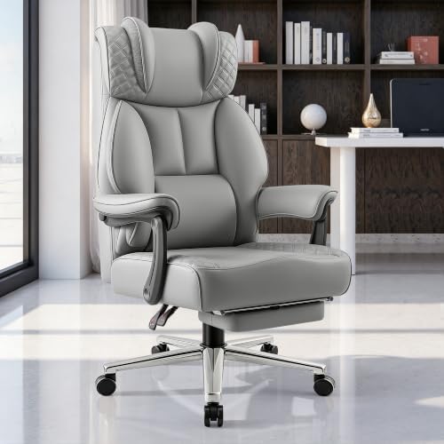 BestGlory Office Desk Chair, Big and Tall Leather Gaming Chair with Footrest, Ergonomic Comfy Executive High-Back Reclining Computer Chairs, Wide Swivel Rolling Wheels and Padded Lumbar Support, Gray