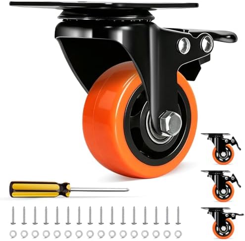 QNCZ 3 Inch Heavy Duty Caster Wheel with Dual Brake,Silent,Orange,Set of 4