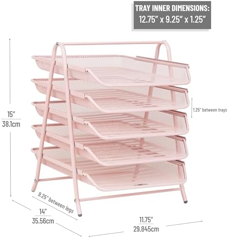 Mind Reader 5-Tier Paper Tray Organizer, Vertical Desktop File Storage Rack, Office, Metal Mesh, Pink