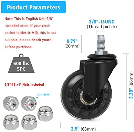 Hirate 2 inch Office Chair Casters Wheel with 3/8"-16UNC Threaded Stem